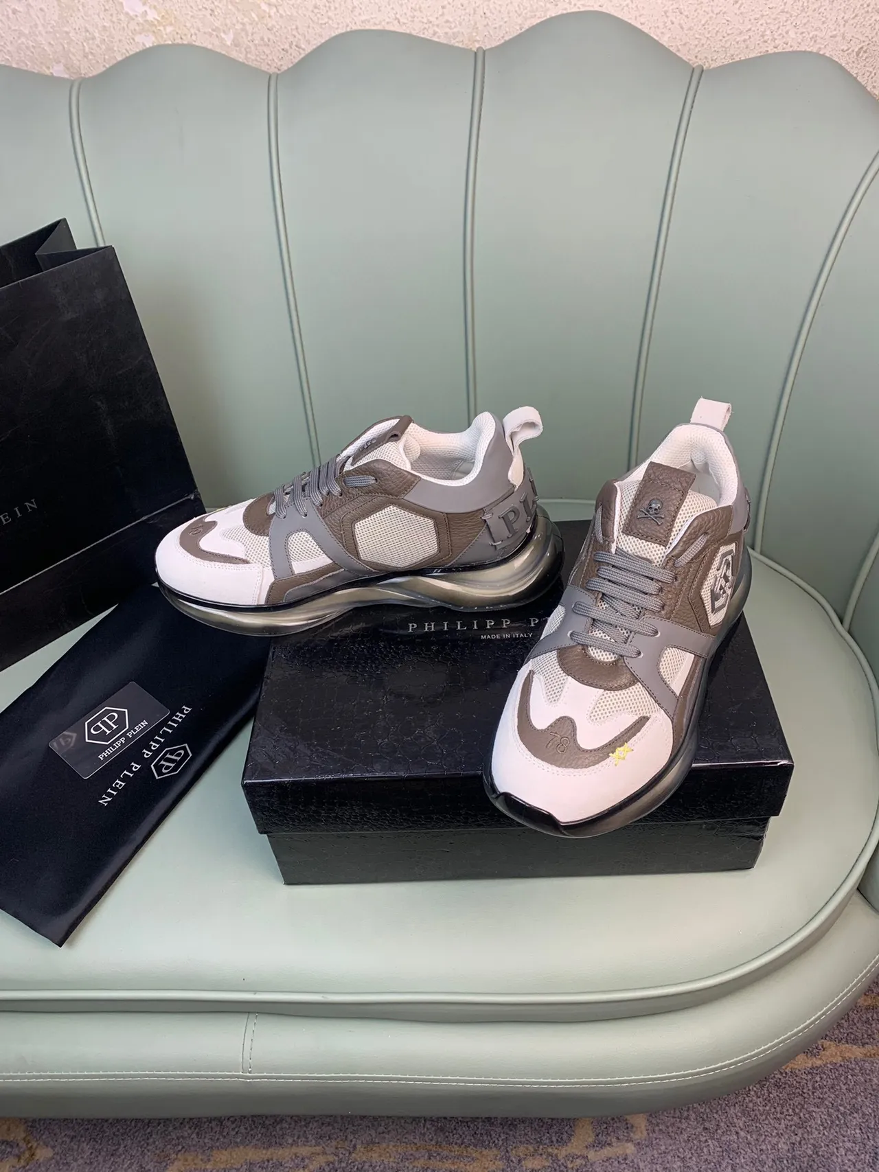 Philipp Plein White Beige Chunky Sole Mesh And Leather Paneling Sneakers 8