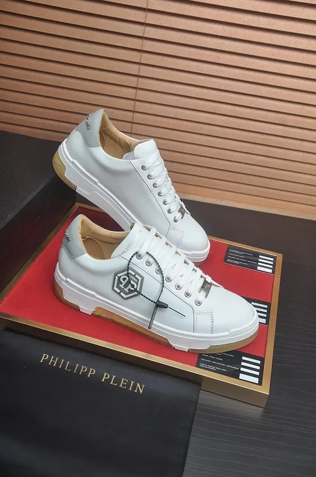 Philipp Plein Blanc Beige Cuir Supérieur Hexagonal Métallique PP Logo Lifestyle Sneakers 6