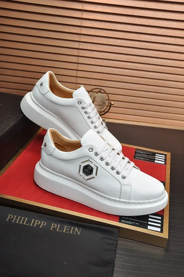 Philipp Plein White Beige Textured Leather Hexagonal Metal Logo Plaque Lifestyle Sneakers 5