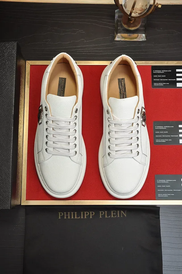 Philipp Plein White Beige Textured Leather Hexagonal Metal Logo Plaque Lifestyle Sneakers 9