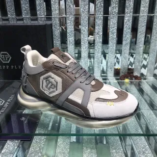 Philipp Plein XX Brown White Mixed-Material Upper Hexagonal Logo Patch Chunky Sneakers