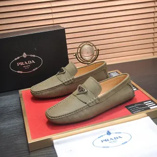 Prada Beige Marron Vert Olive Cuir Moccasin Cousu Loafer