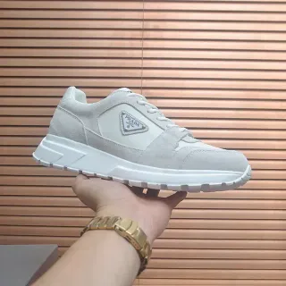 Prada Beige White Suede-Leather Panelled Geometric Midsole Sneakers