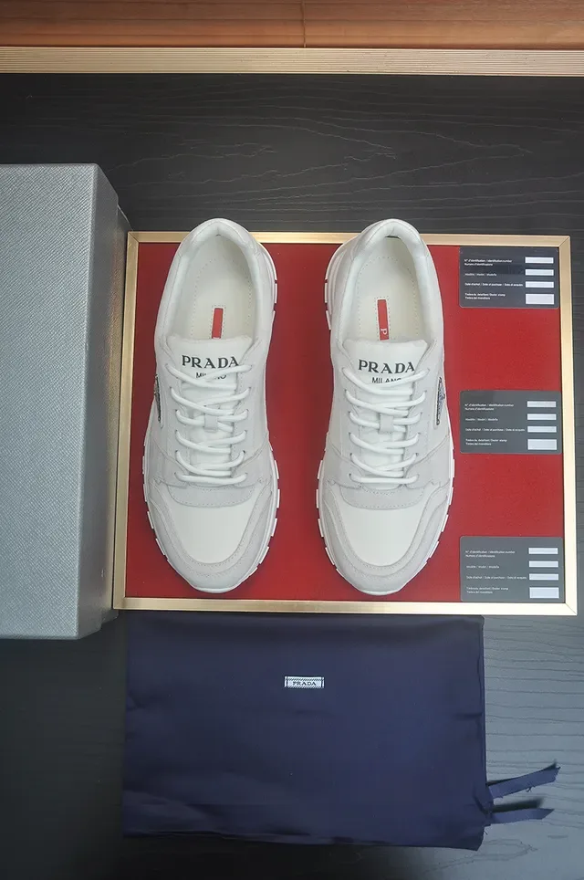 Prada Beige White Suede-Leather Panelled Geometric Midsole Sneakers 5