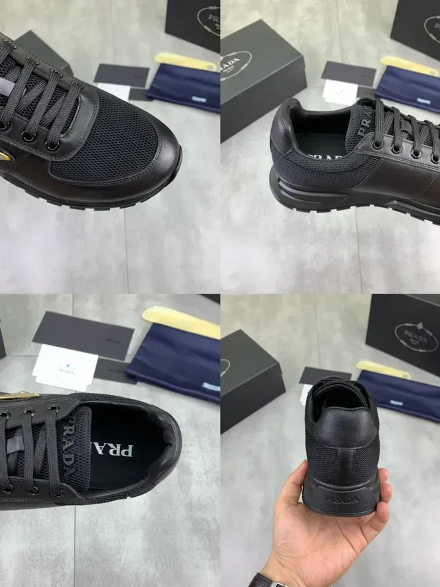 Prada Black Gold Mesh And Leather Upper Triangular Logo Plaque Lifestyle Sneakers 2