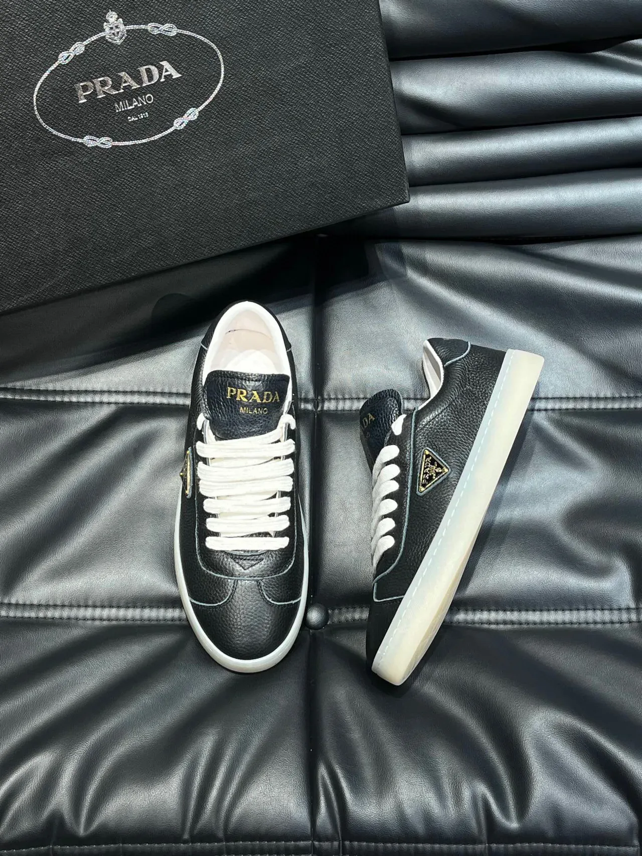 Prada Black Gold Pebbled Leather Logo Lifestyle Sneakers 3