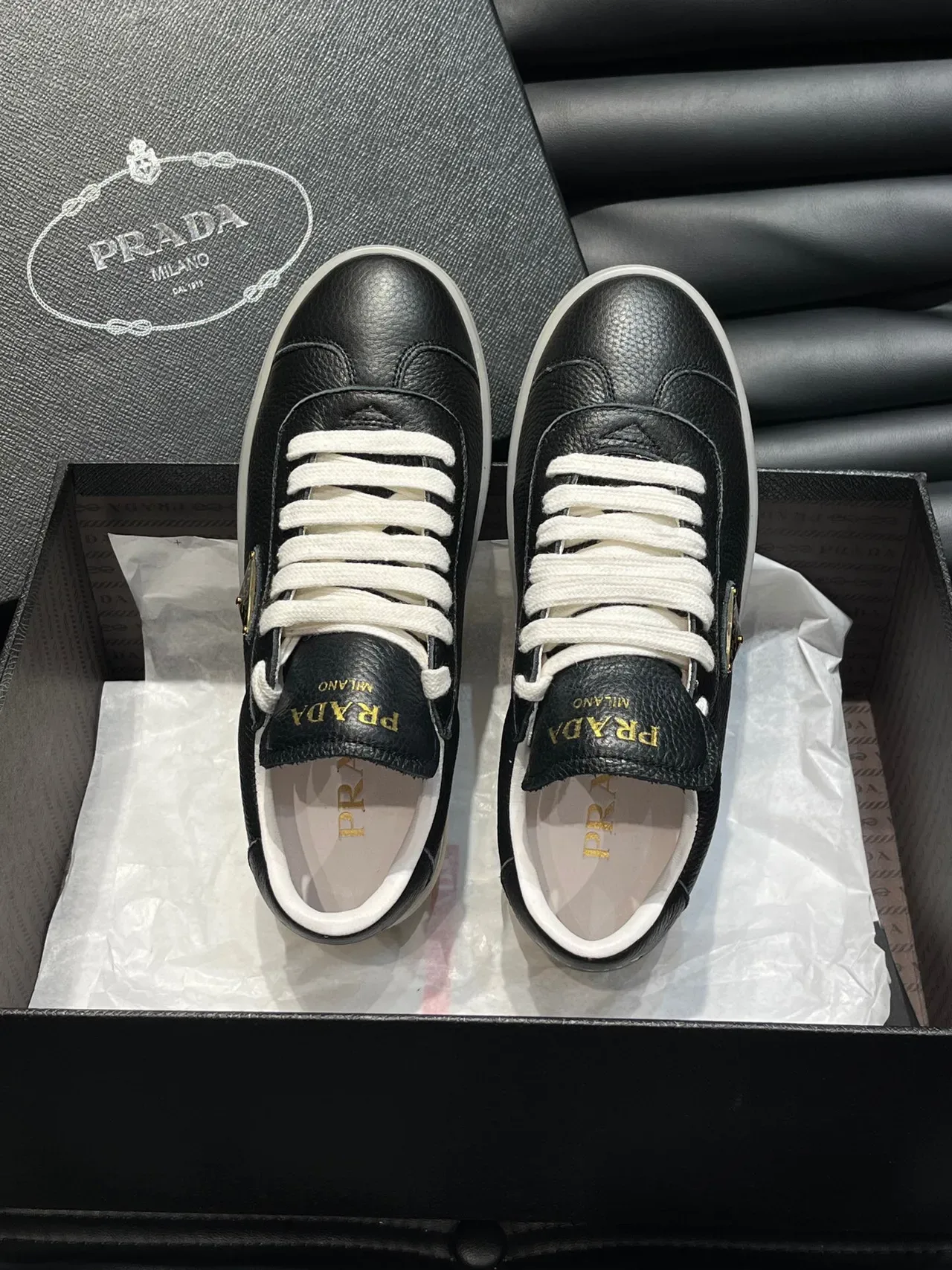Prada Black Gold Pebbled Leather Logo Lifestyle Sneakers 4