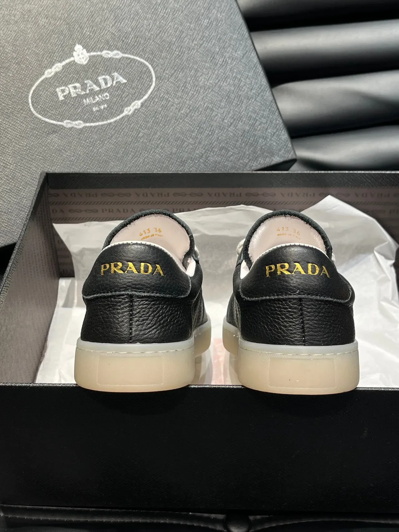 Prada Black Gold Pebbled Leather Logo Lifestyle Sneakers 7