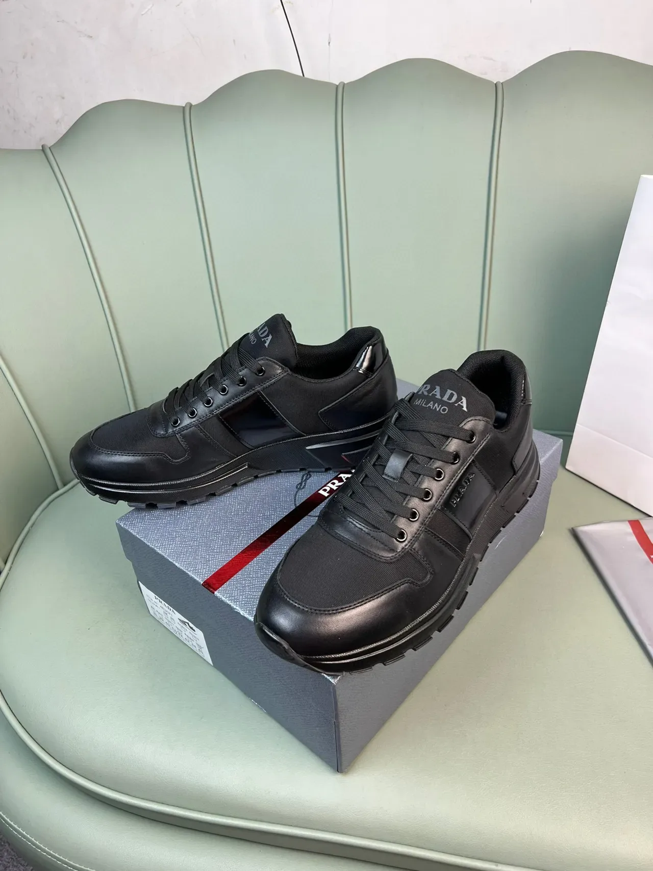 Prada Black Leather and Textile Lifestyle Sneakers 8