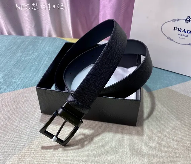 Prada Black Minimalist Rectangular Buckle Leather Belt 2