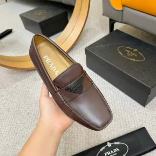 Prada Brown Beige Square-Toe Stitching Loafer