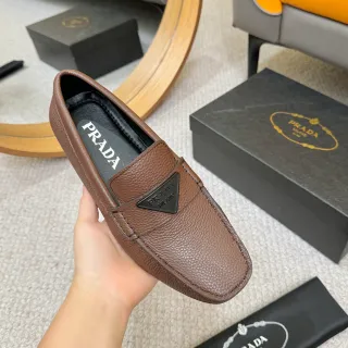 Prada Brown Black Pebbled Leather Moc-Toe Stitching Loafer