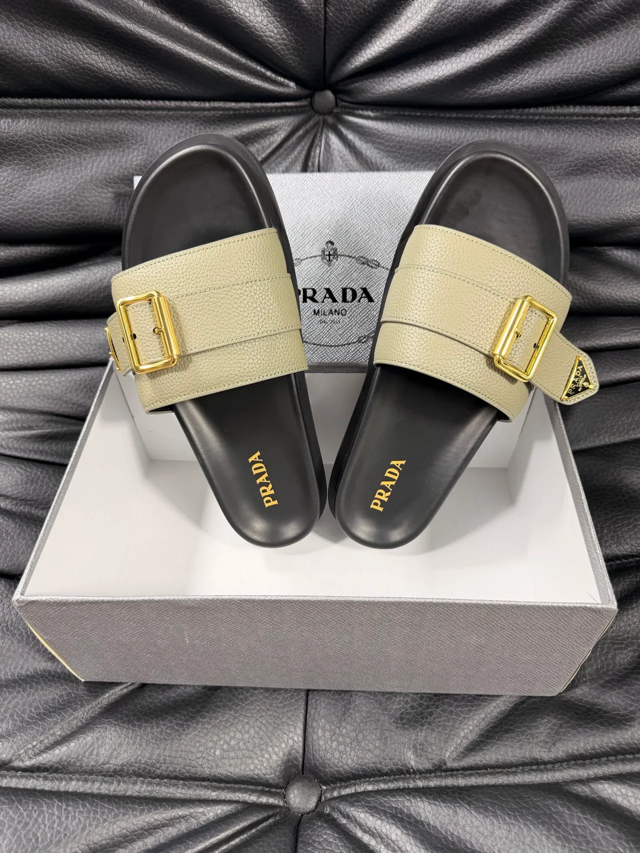 Prada Buckle Strap Slipper Green Black Textured Leather Slippers 4