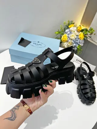 Prada Cloudbust Black Chunky Gladiator Sandals 8