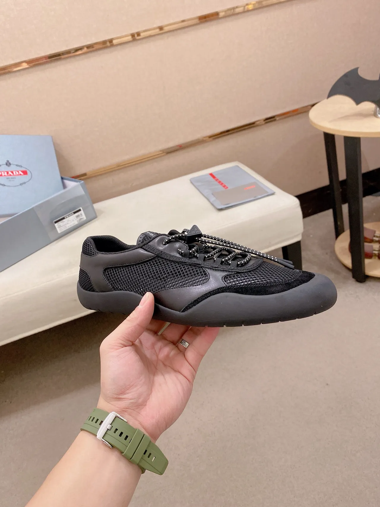 Prada Cloudbust Black Mesh and Leather Lifestyle Sneaker 6