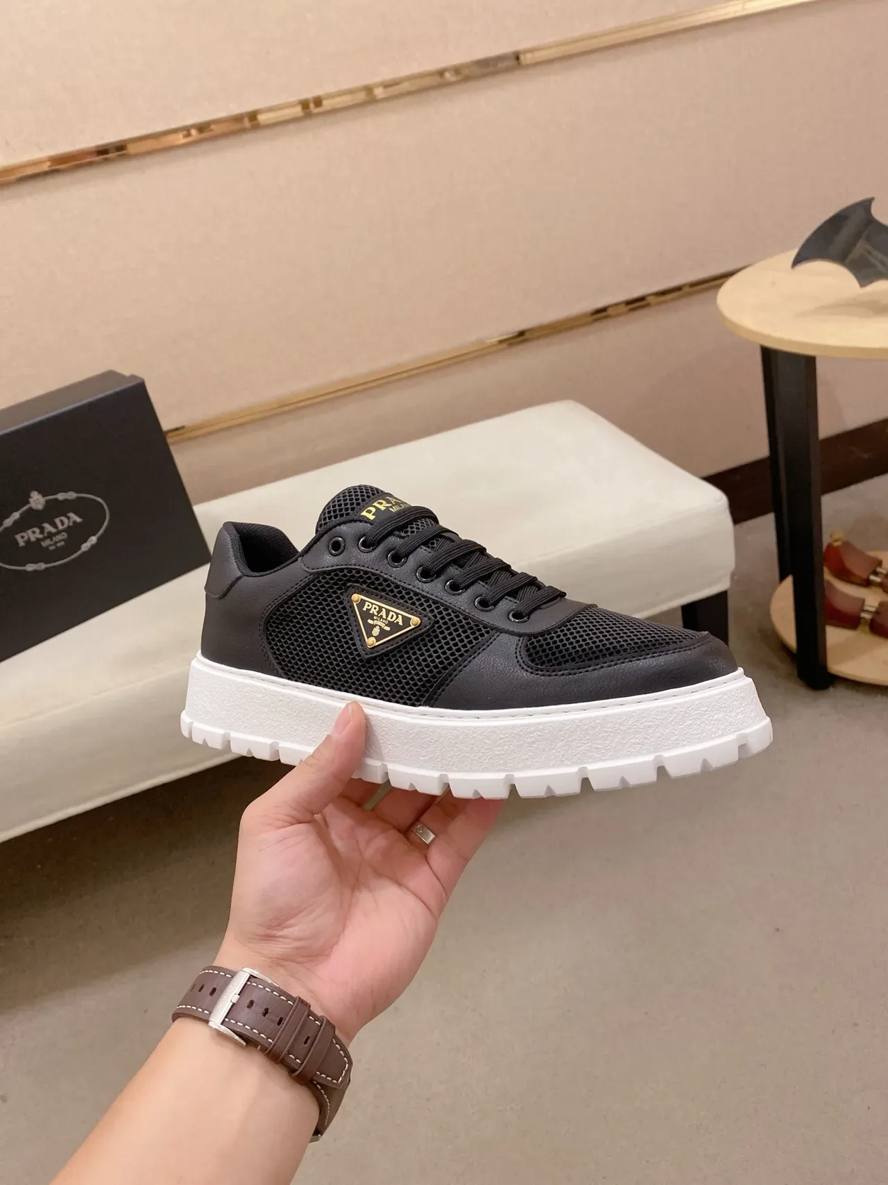Prada Cloudbust Black Mesh and Leather Platform Lifestyle Sneakers 5