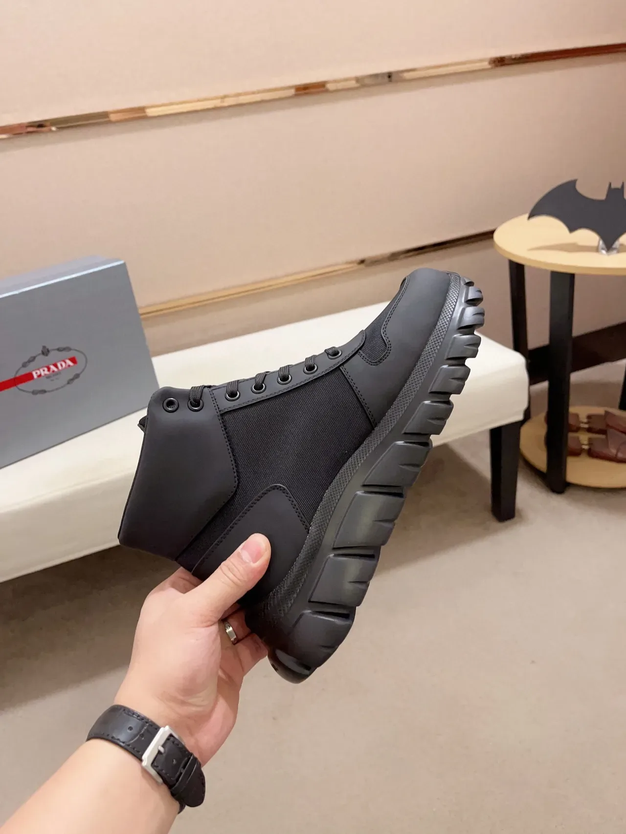 Prada Cloudbust Bota De Trabajo Alta Negra Material Mixto 6