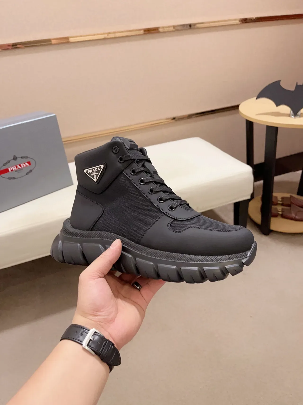 Prada Cloudbust Bota De Trabajo Alta Negra Material Mixto 7