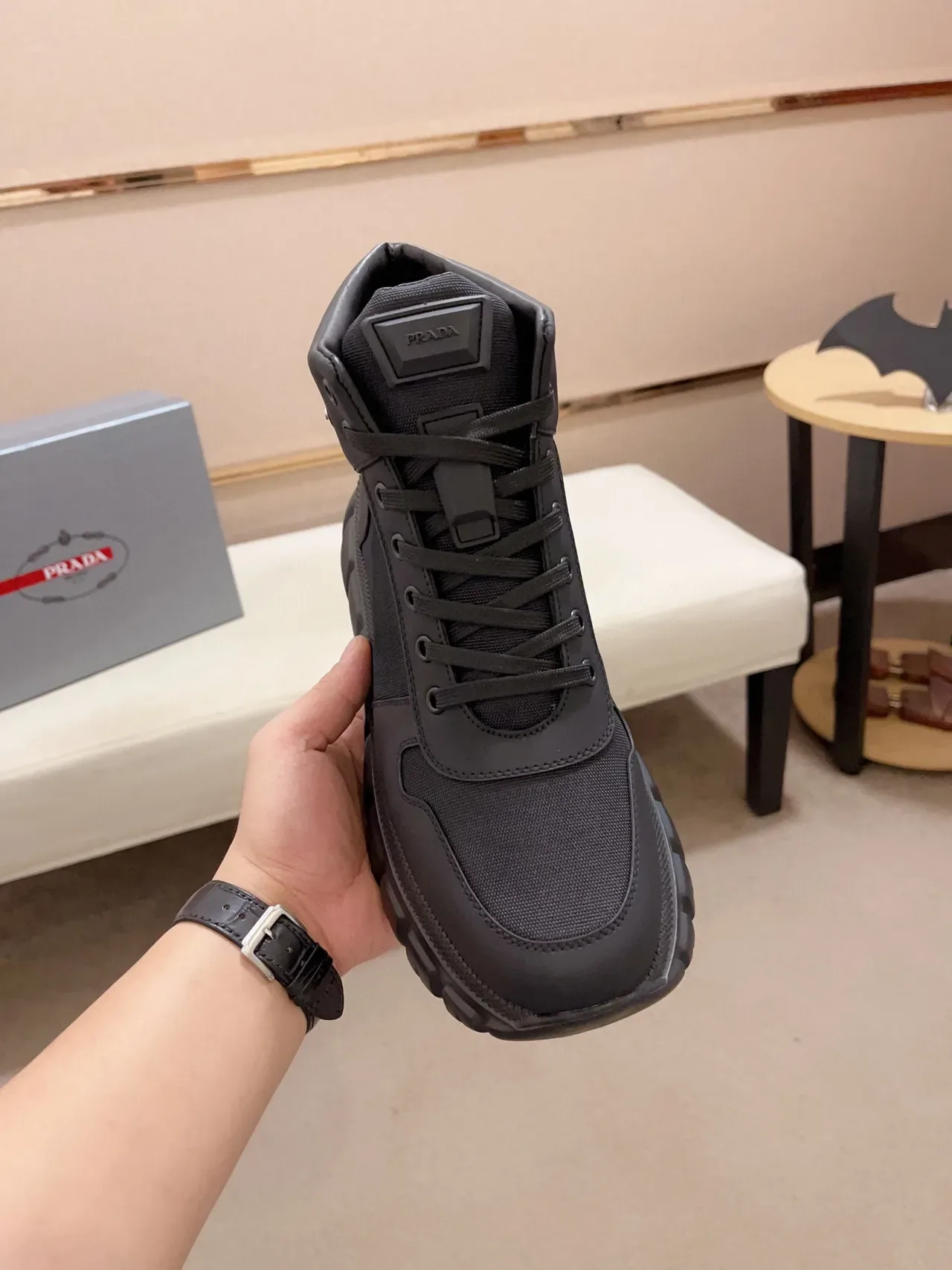Prada Cloudbust Bota De Trabajo Alta Negra Material Mixto 9