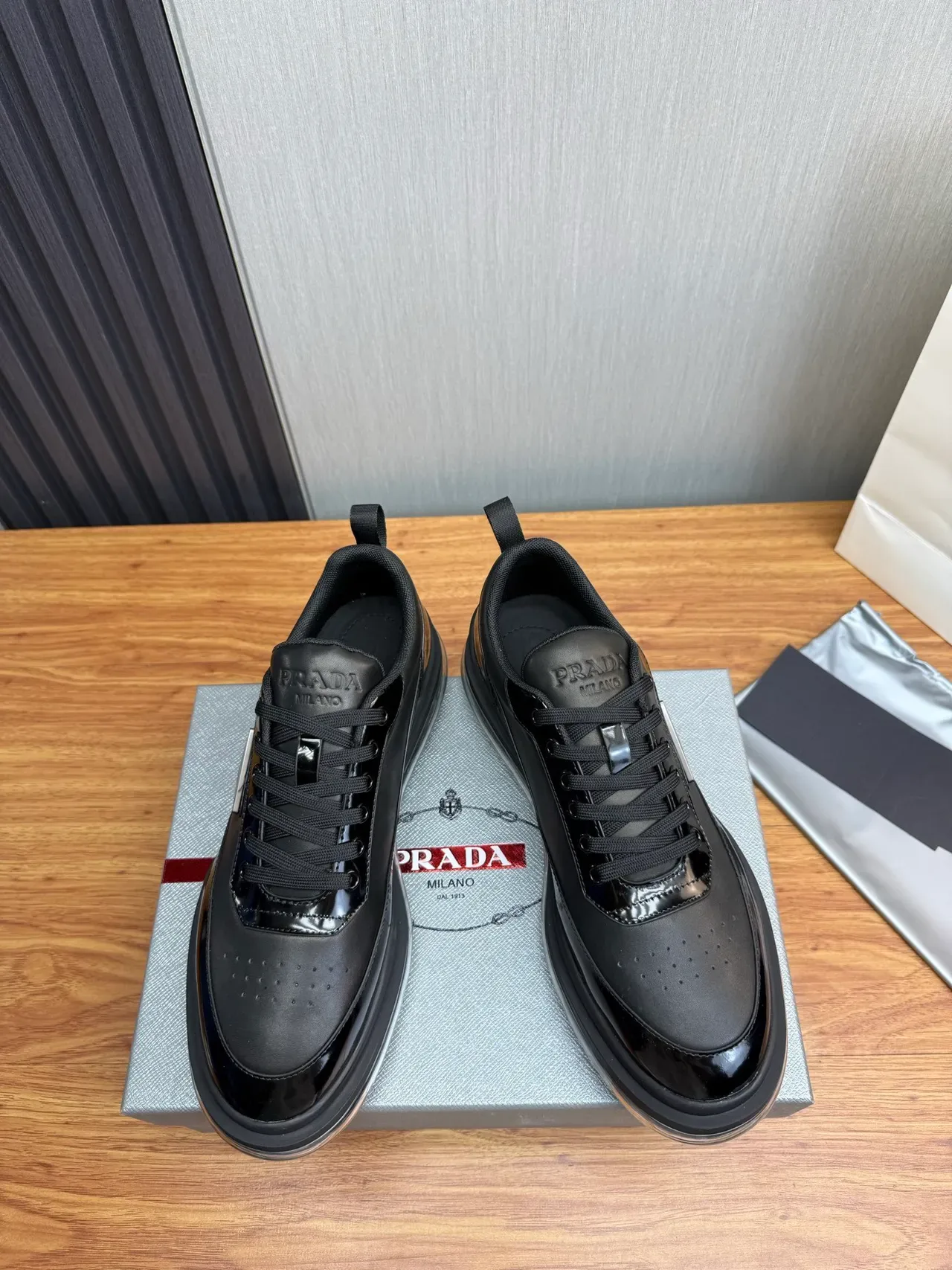 Prada Cloudbust Black Patent and Matte Leather Lifestyle Sneakers 6
