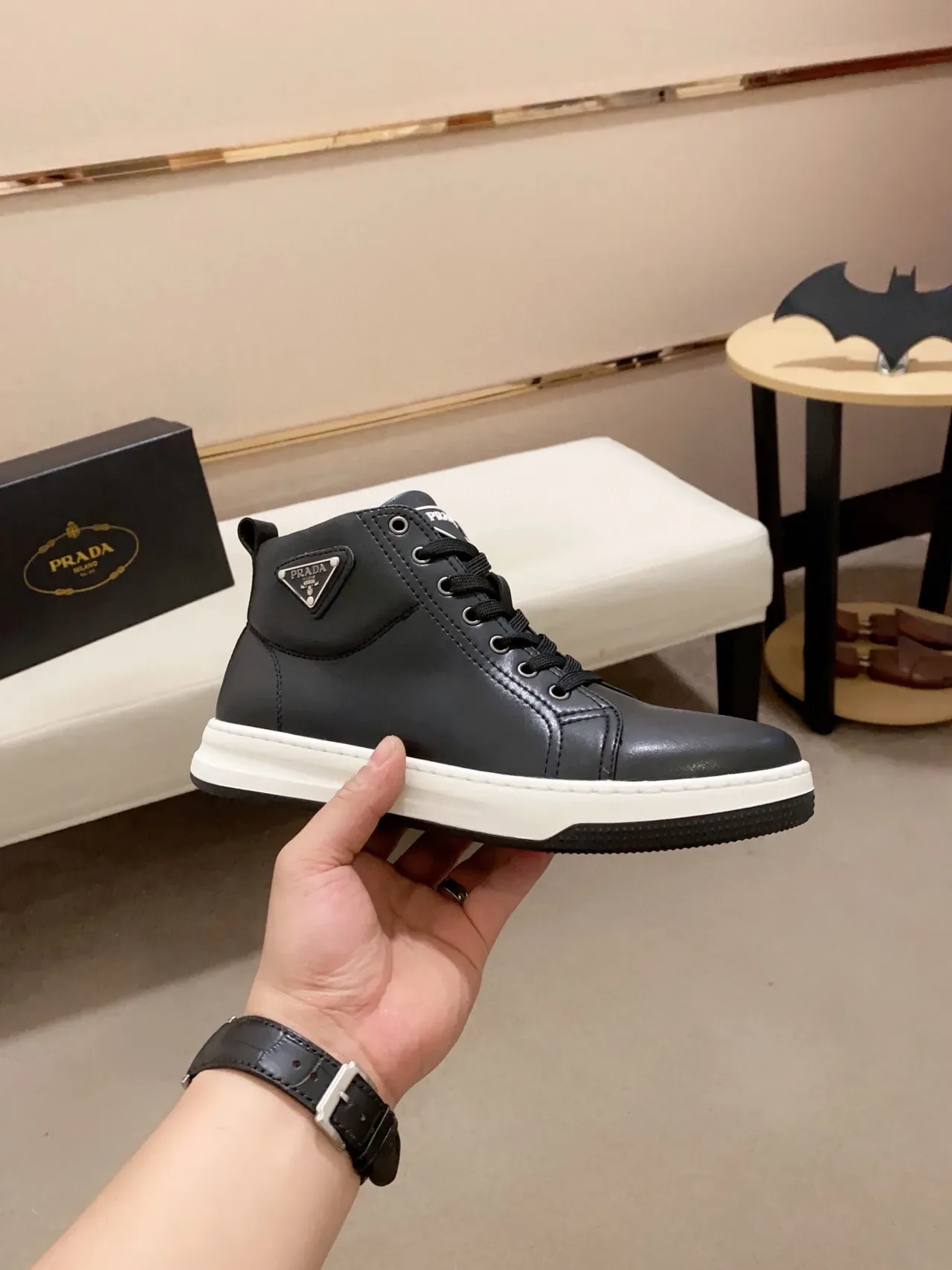 Prada Cloudbust Black White High-Top Leather Upper Lifestyle Sneakers 4