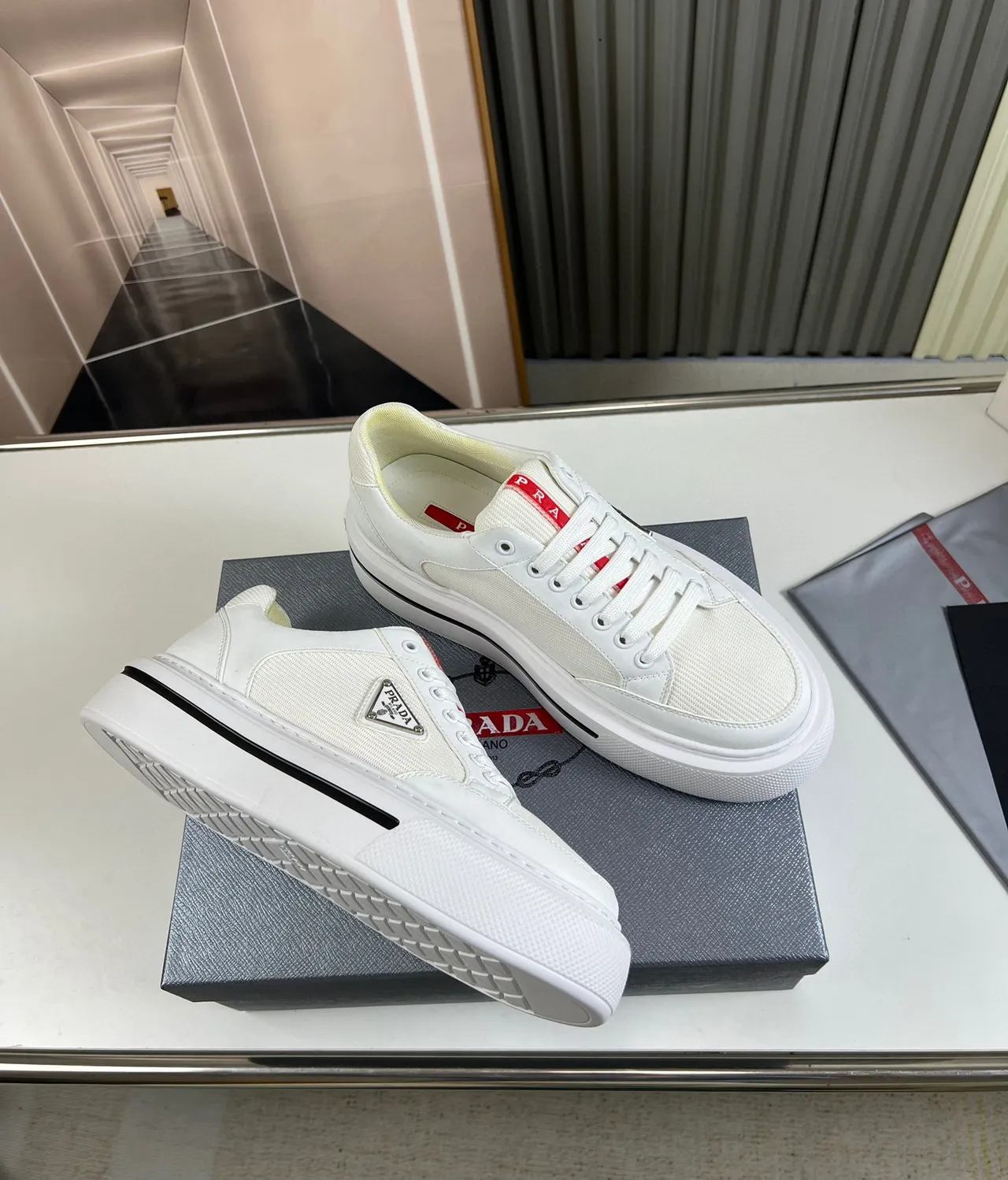 Prada Cloudbust White Mesh and Leather Platform Lifestyle Sneakers 5