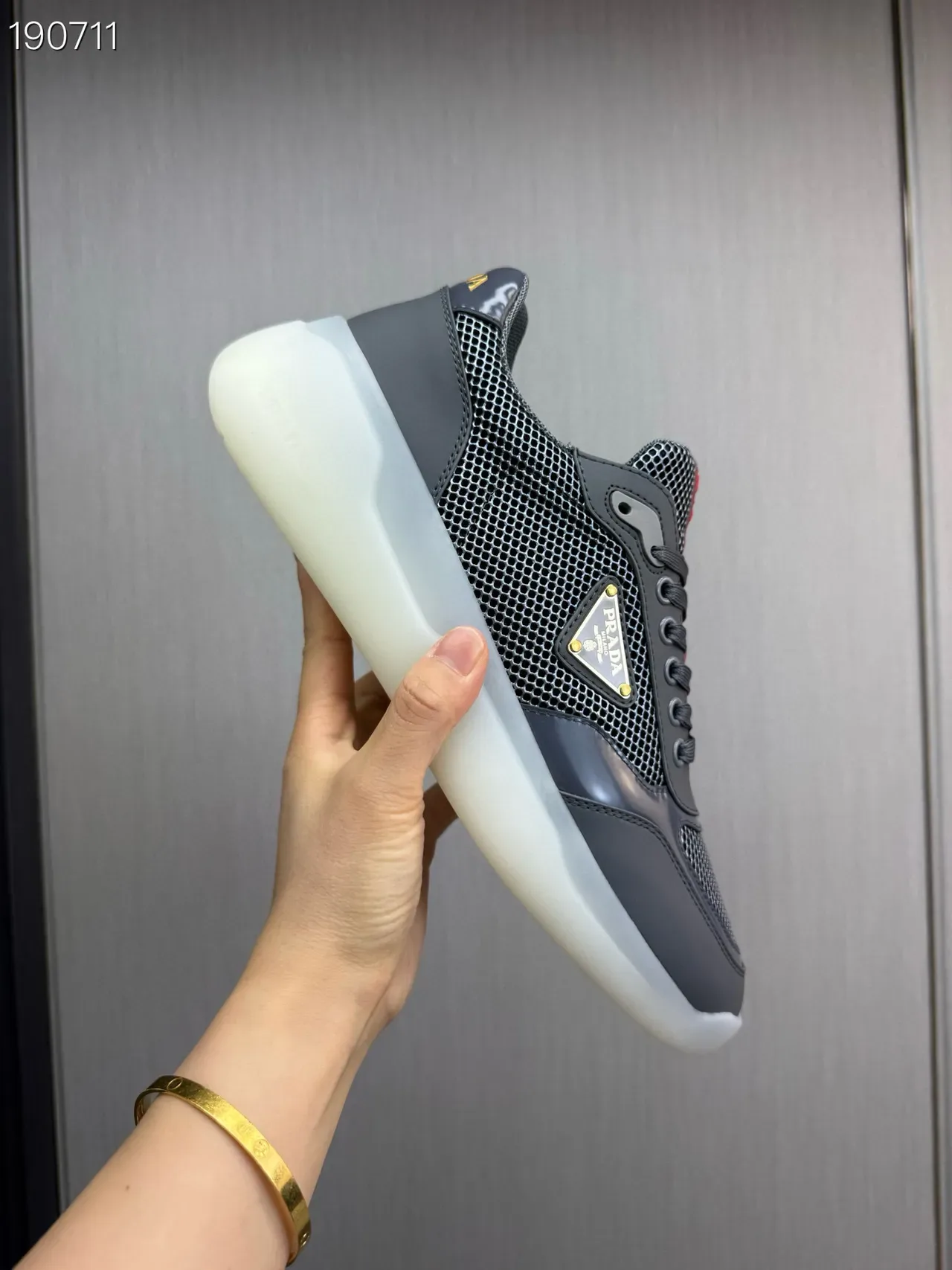 Prada Gray Red Mesh-and-Synthetic Upper Triangular Metal Logo Plaque Lifestyle Sneakers 3