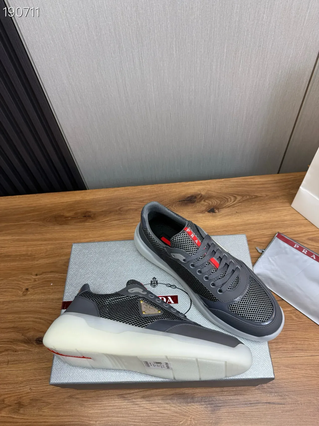 Prada Gray Red Mesh-and-Synthetic Upper Triangular Metal Logo Plaque Lifestyle Sneakers 7