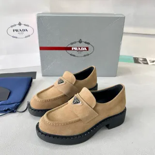 Prada Loafer Beige Black Suede Upper Platform Sole Loafer