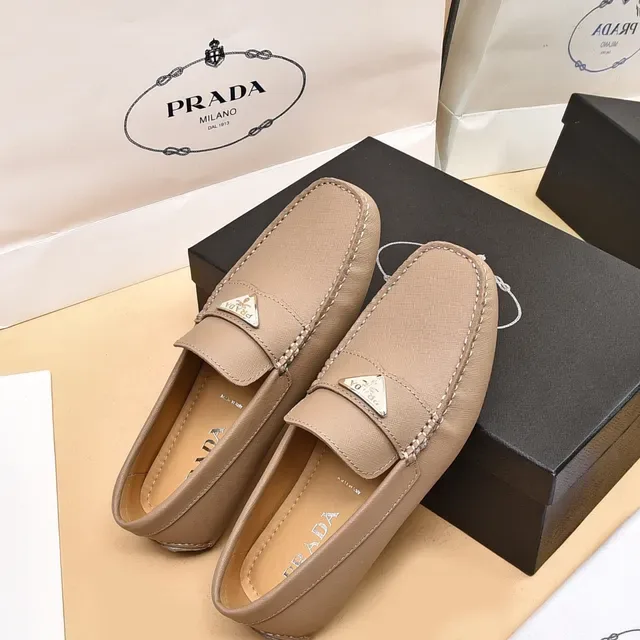 Prada Loafer Beige Moccasin-Stitched Metal Logo Plaque Loafer 4