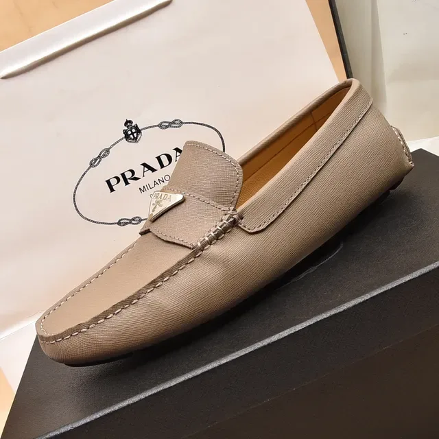 Prada Loafer Beige Moccasin-Stitched Metal Logo Plaque Loafer 6