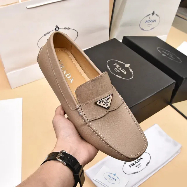 Prada Loafer Beige Moccasin-Stitched Metal Logo Plaque Loafer 7