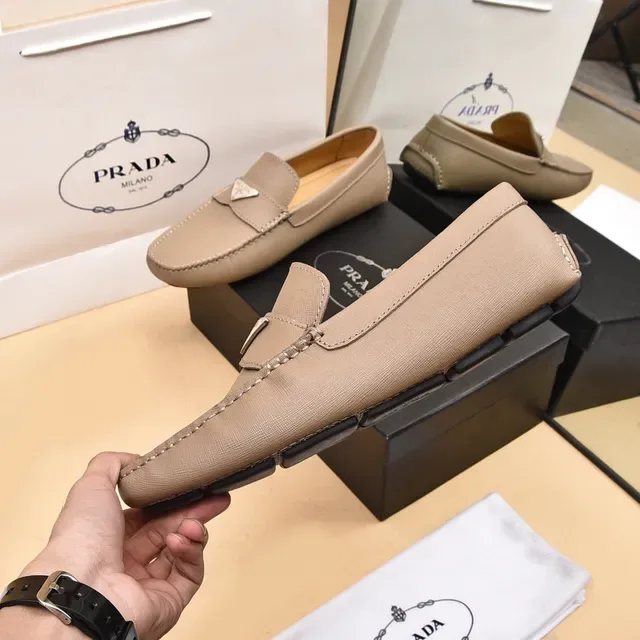 Prada Loafer Beige Moccasin-Stitched Metal Logo Plaque Loafer 8