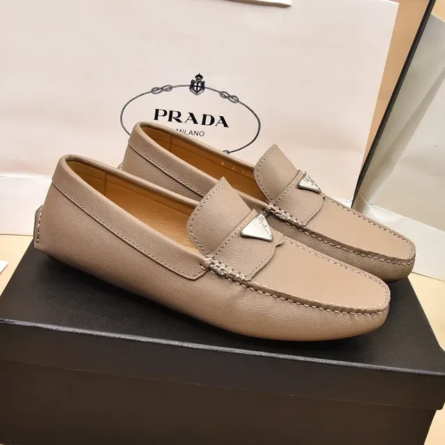 Prada Loafer Beige Moccasin-Stitched Metal Logo Plaque Loafer 9