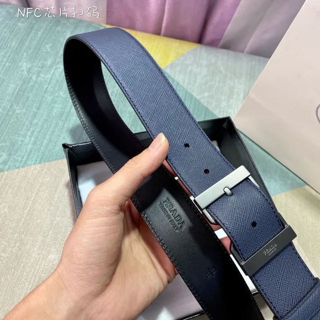 Prada Navy Silver Saffiano Texture Geometric Buckle Leather Belt 3
