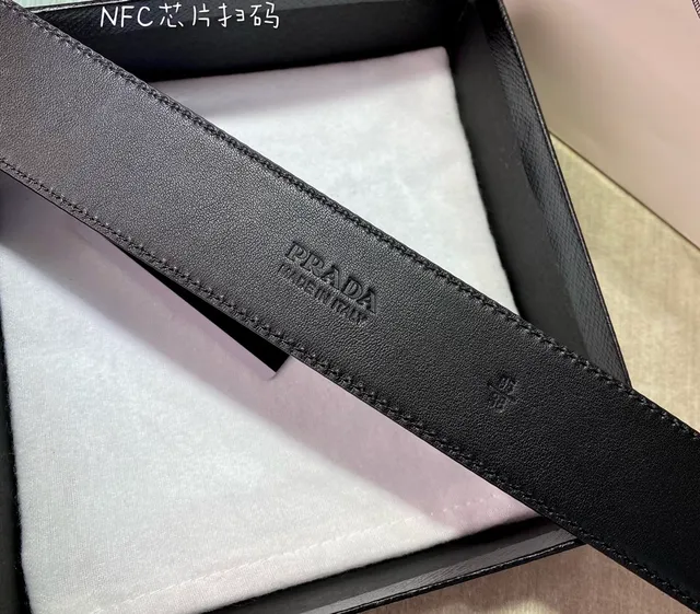 Prada Navy Silver Saffiano Texture Geometric Buckle Leather Belt 6