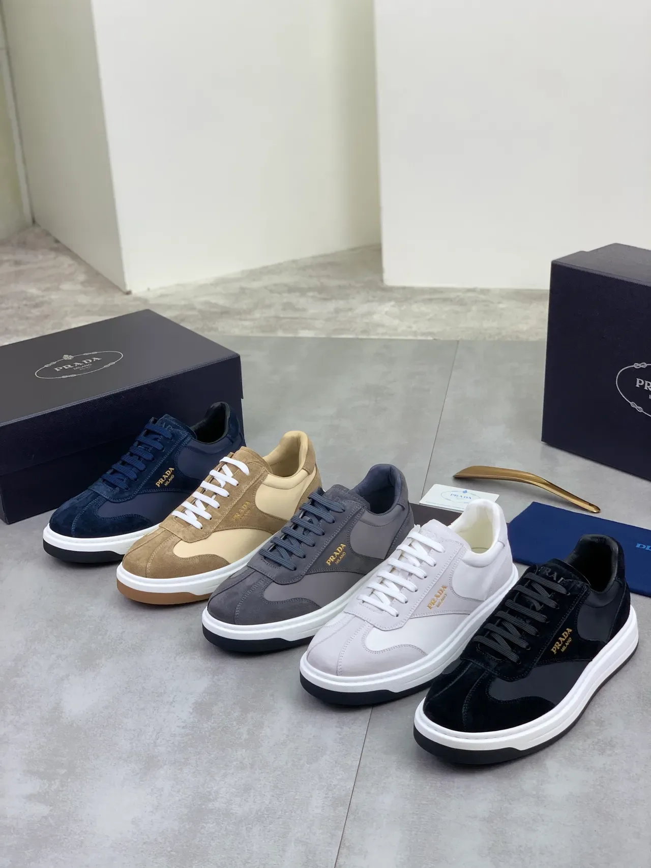 Prada Navy Suede and Nylon Logo Plaque Lifestyle Sneakers 2