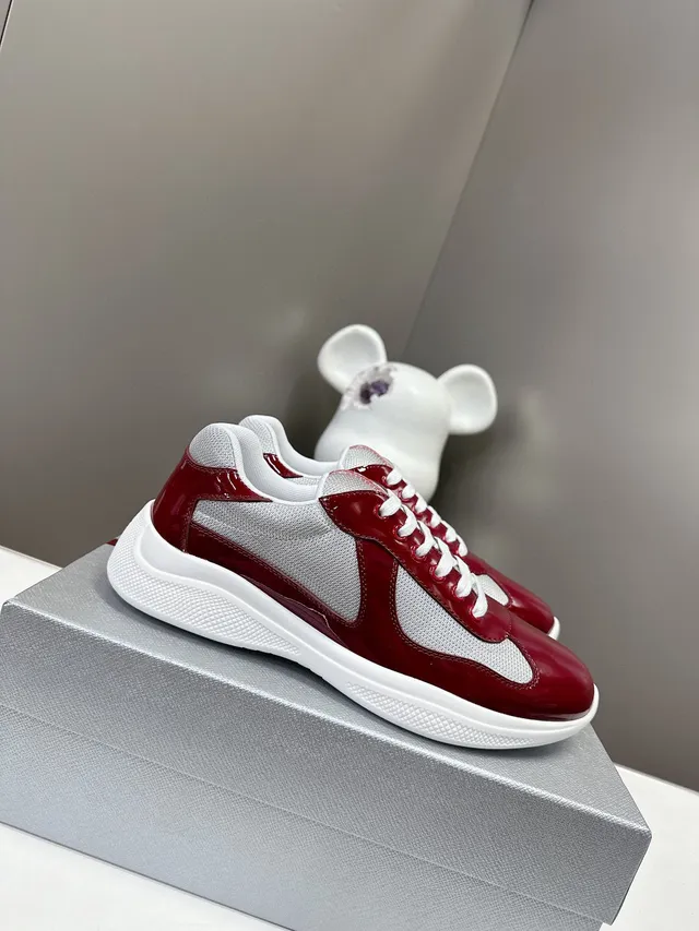 Prada Red Gray Glossy Patent Leather Mesh Side Panels Lifestyle Sneakers 2