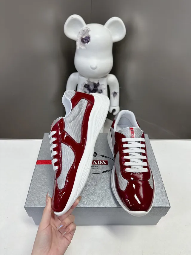 Prada Red Gray Glossy Patent Leather Mesh Side Panels Lifestyle Sneakers 3