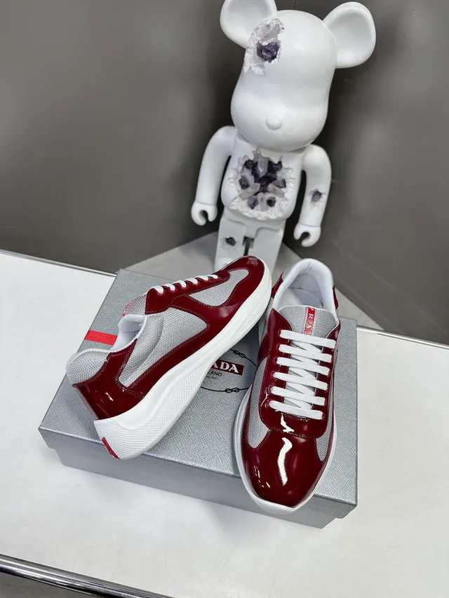 Prada Red Gray Glossy Patent Leather Mesh Side Panels Lifestyle Sneakers 4