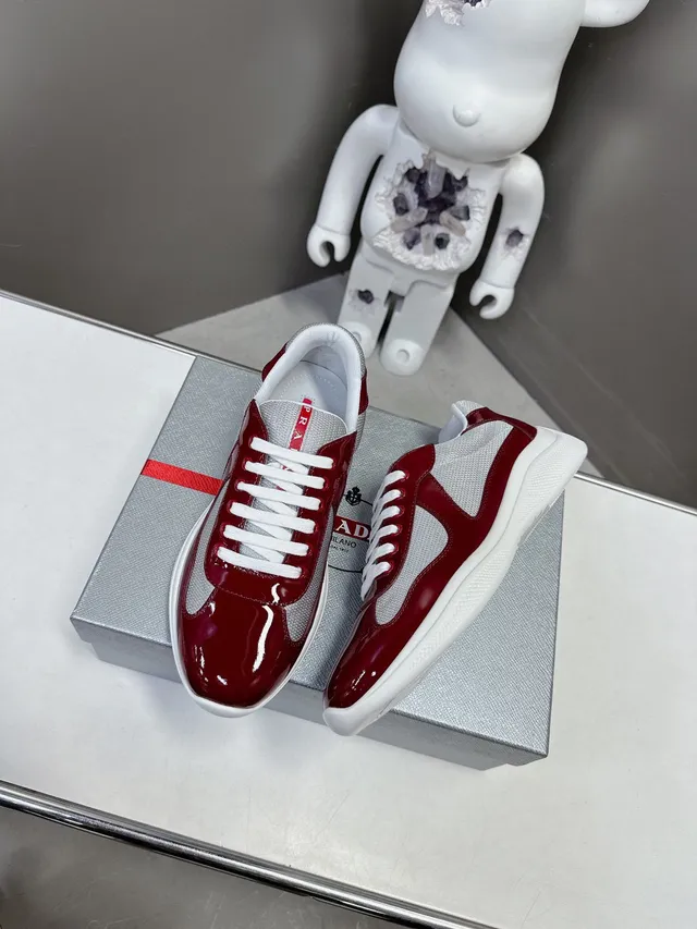 Prada Red Gray Glossy Patent Leather Mesh Side Panels Lifestyle Sneakers 5
