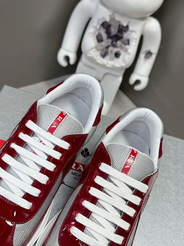 Prada Red Gray Glossy Patent Leather Mesh Side Panels Lifestyle Sneakers 6