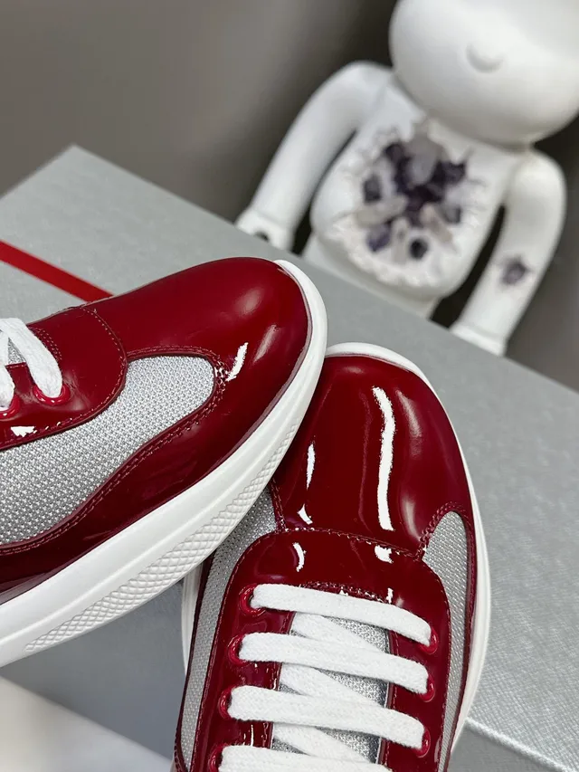Prada Red Gray Glossy Patent Leather Mesh Side Panels Lifestyle Sneakers 7