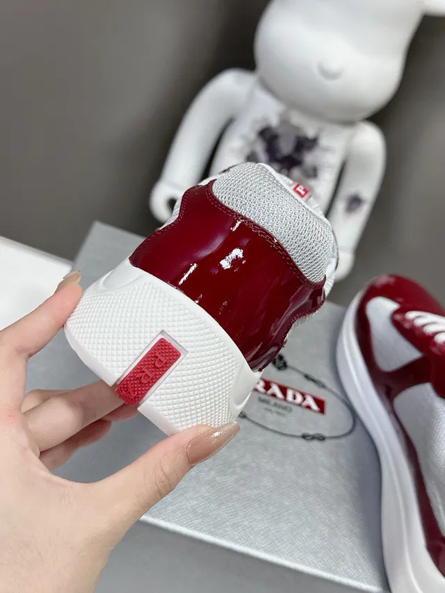 Prada Red Gray Glossy Patent Leather Mesh Side Panels Lifestyle Sneakers 8