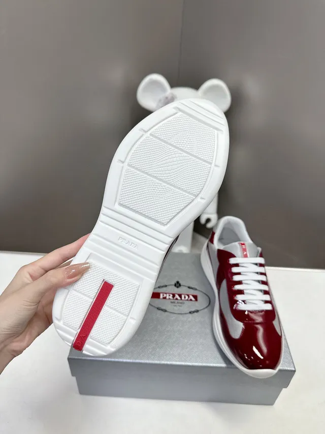 Prada Red Gray Glossy Patent Leather Mesh Side Panels Lifestyle Sneakers 9