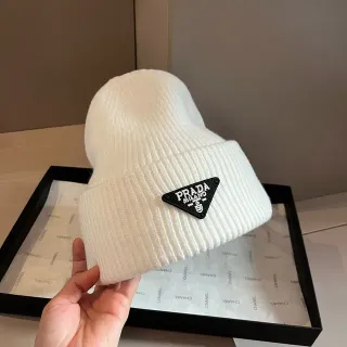 Prada Triangular Logo Off-White Ribbed Knit Beanie