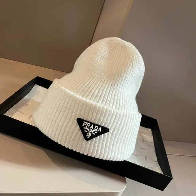 Prada Triangular Logo Off-White Ribbed Knit Beanie 9