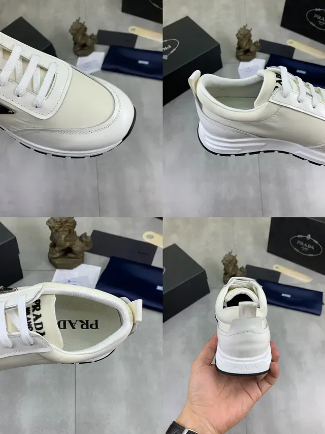 Prada White Black Leather Upper Triangular Metal Logo Plaque Lifestyle Sneakers 2
