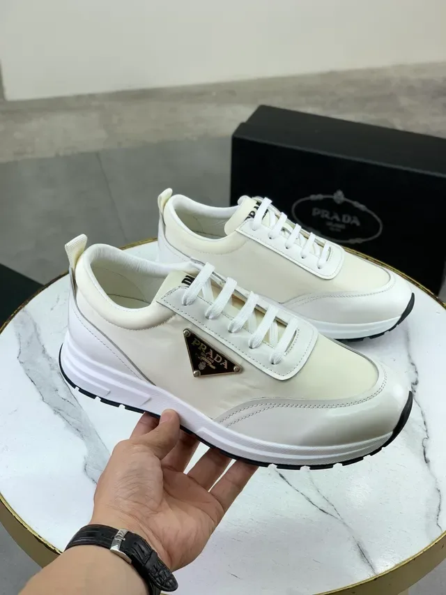 Prada White Black Leather Upper Triangular Metal Logo Plaque Lifestyle Sneakers 4
