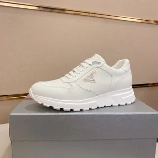 Prada White Gold Leather Perforated Side Panel Lifestyle Sneakers
